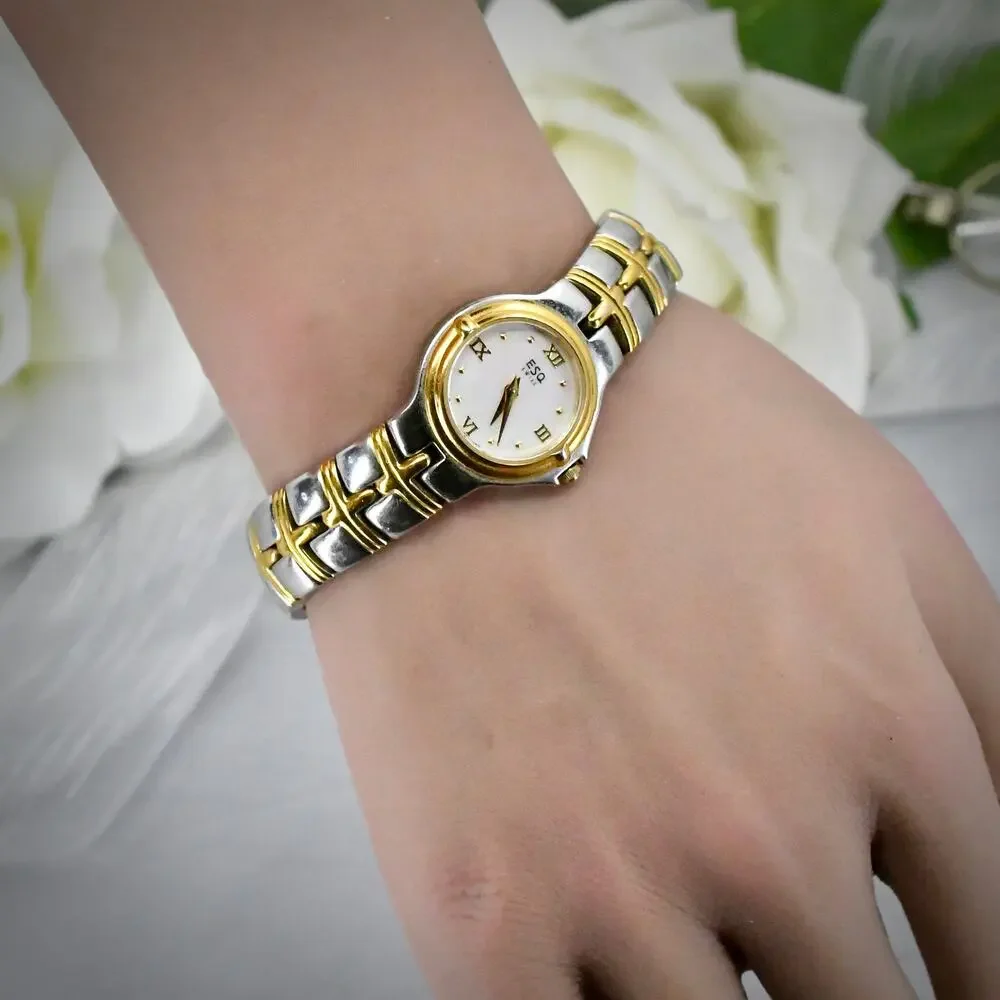Vintage ESQ Movado Womens Watch Two Tone Mother of Pearl Dial Date
